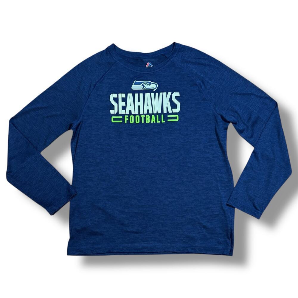 Majestic Seahawks T-Shirt Mens Navy Blue Moisture Wicking Long Sleeve Size L